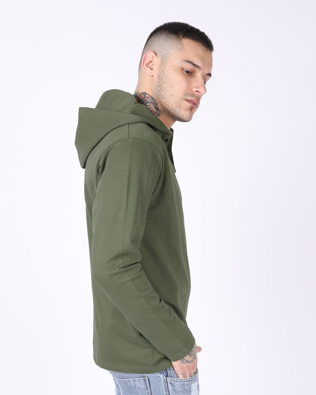 Shop Army Green Plain Henley Hoodies-Back