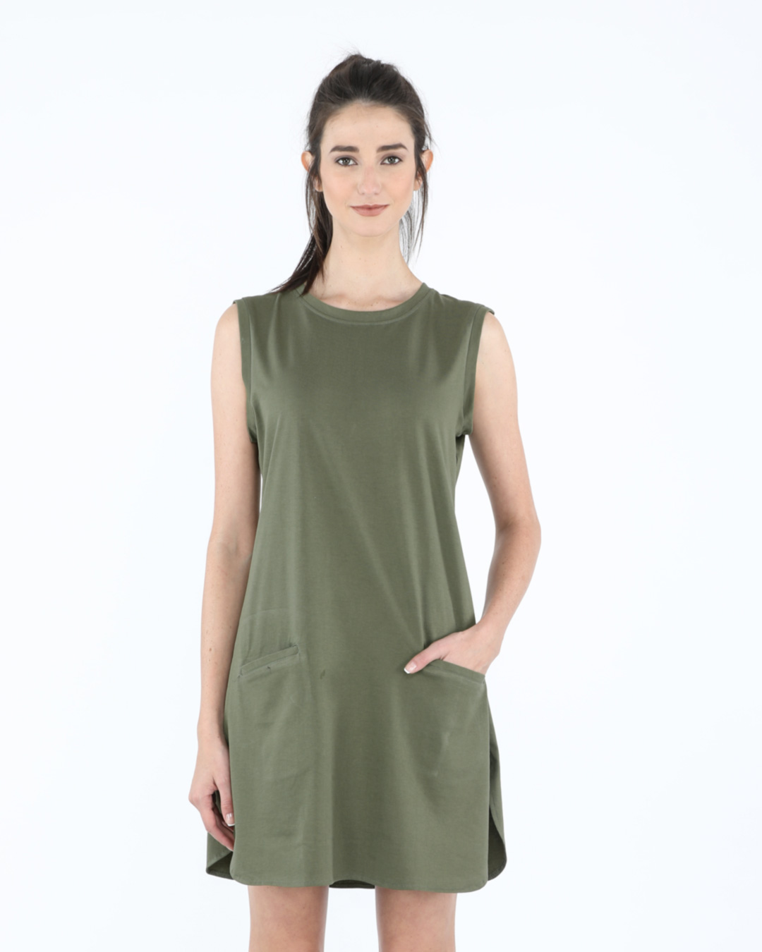 Army Green Sleeveless T Shirt  Dress  Plain Womens 