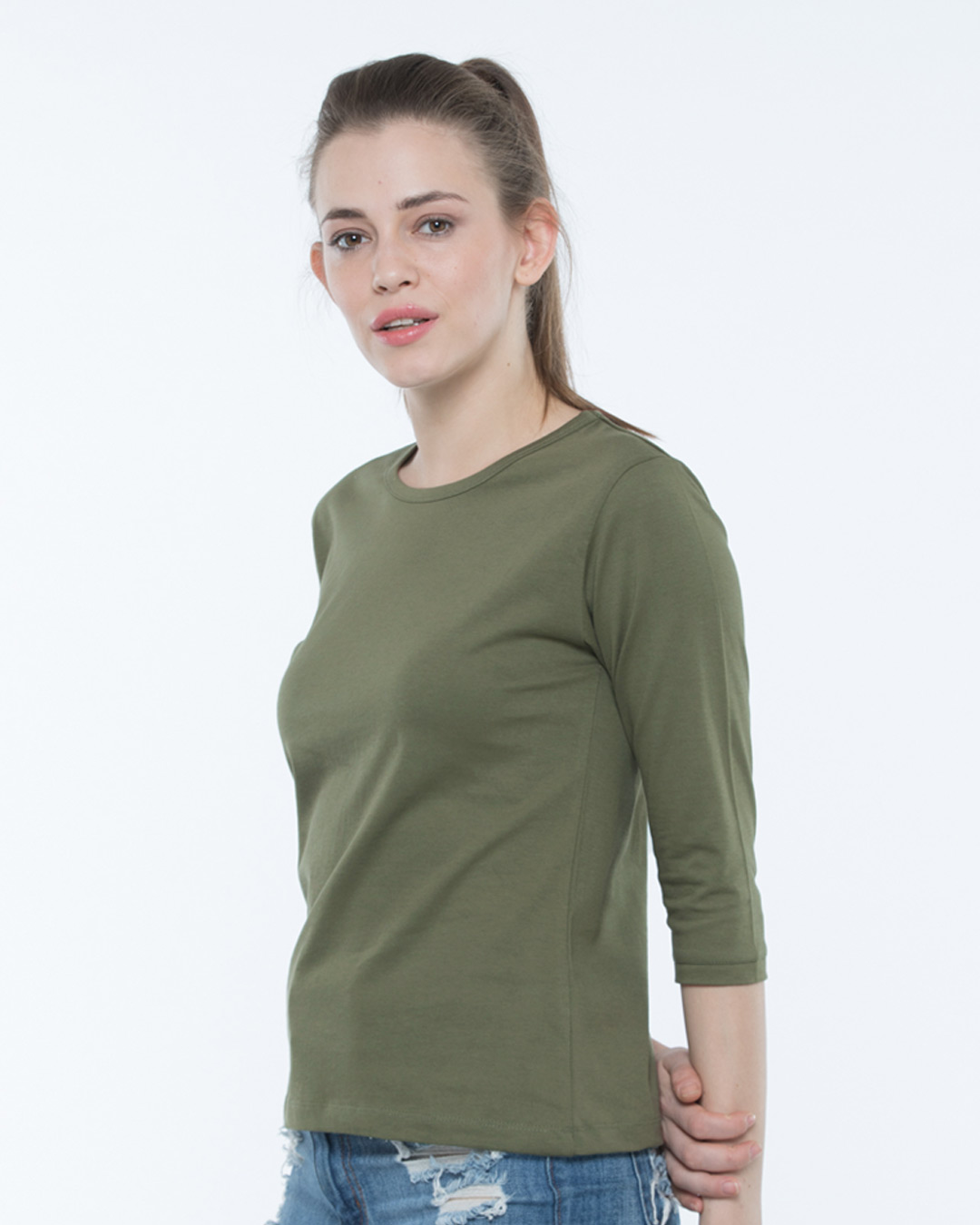 Shop Army Green Round Neck 3/4th Sleeve T-Shirt-Back