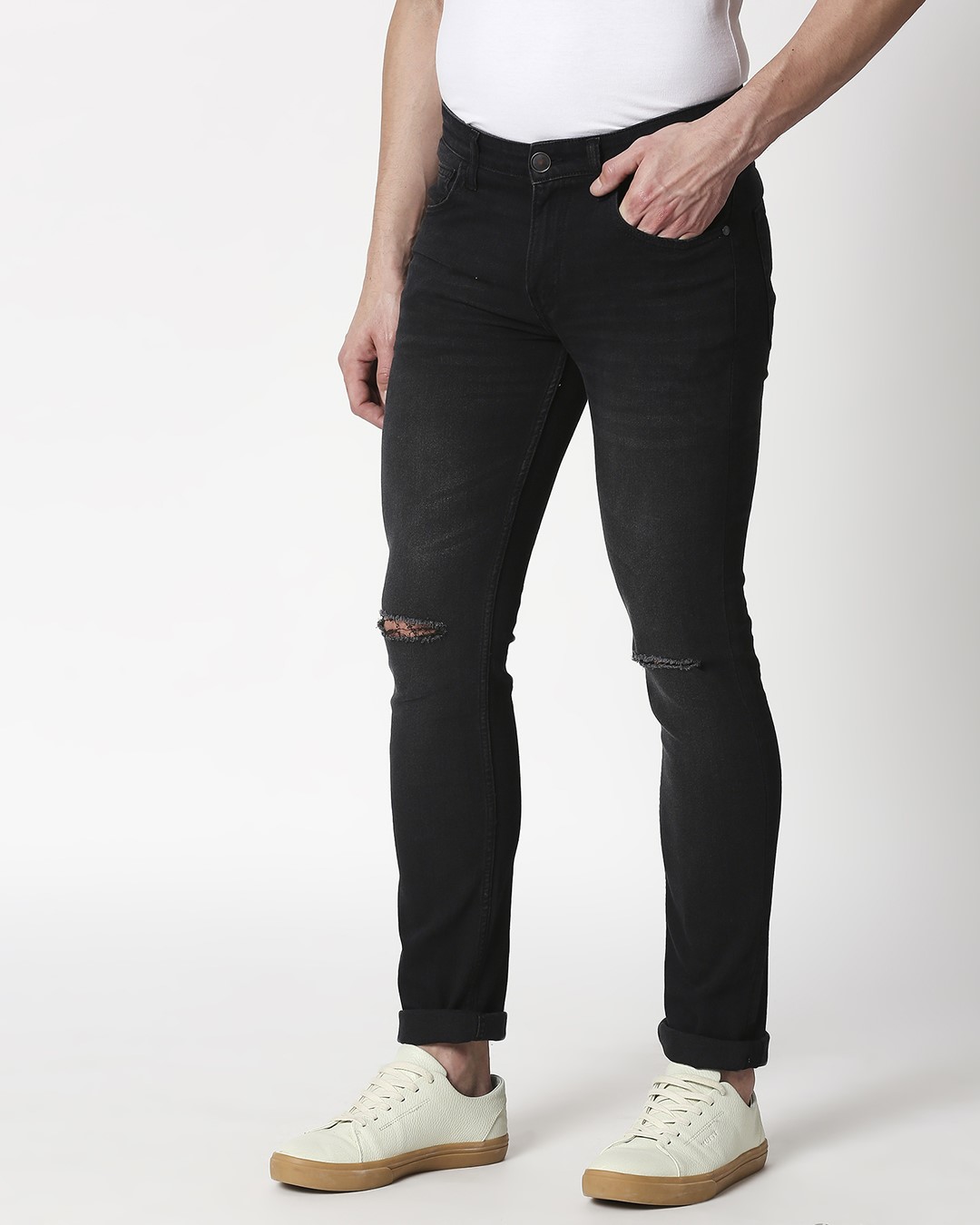 Shop Ash Grey Distressed Mid Rise Stretchable Men's Jeans-Back