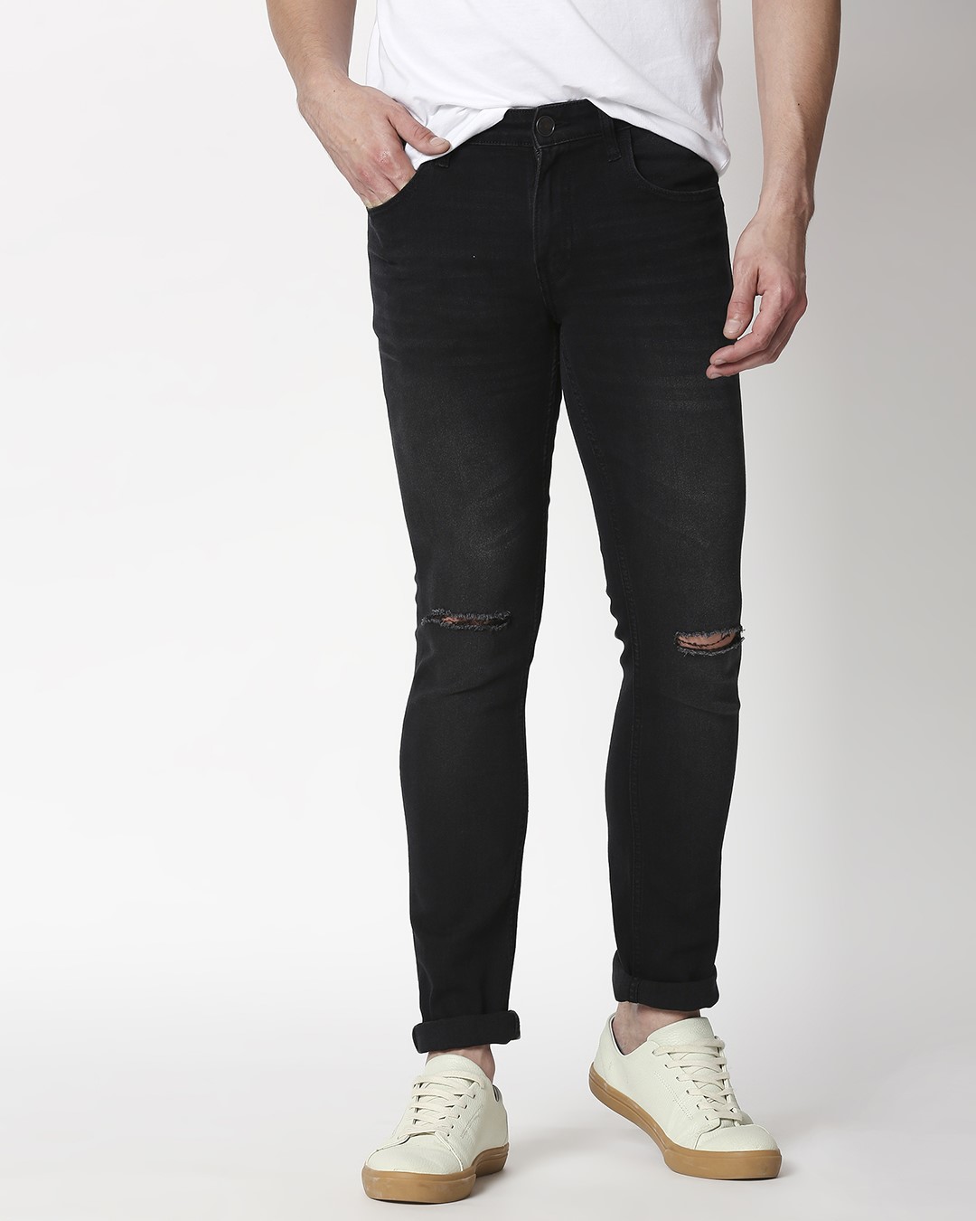 Ash Grey Distressed Mid Rise Stretchable Men's Jeans