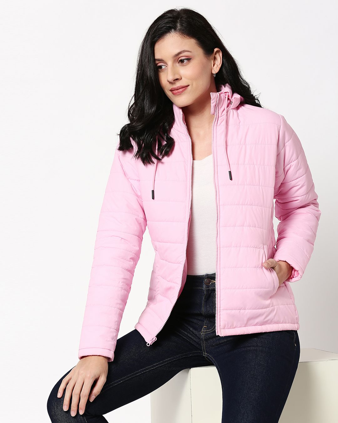 Buy Baby Pink Plain Puffer Jacket with Detachable Hood Online at Bewakoof