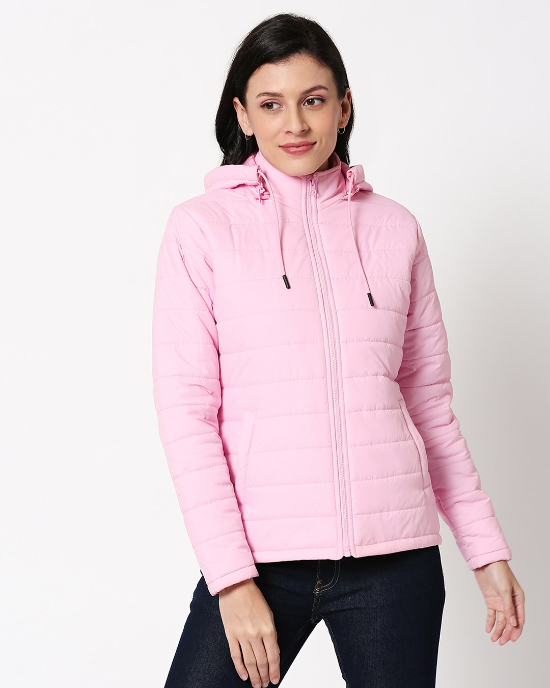 Shop Baby Pink Plain Puffer Jacket with Detachable Hood-Back