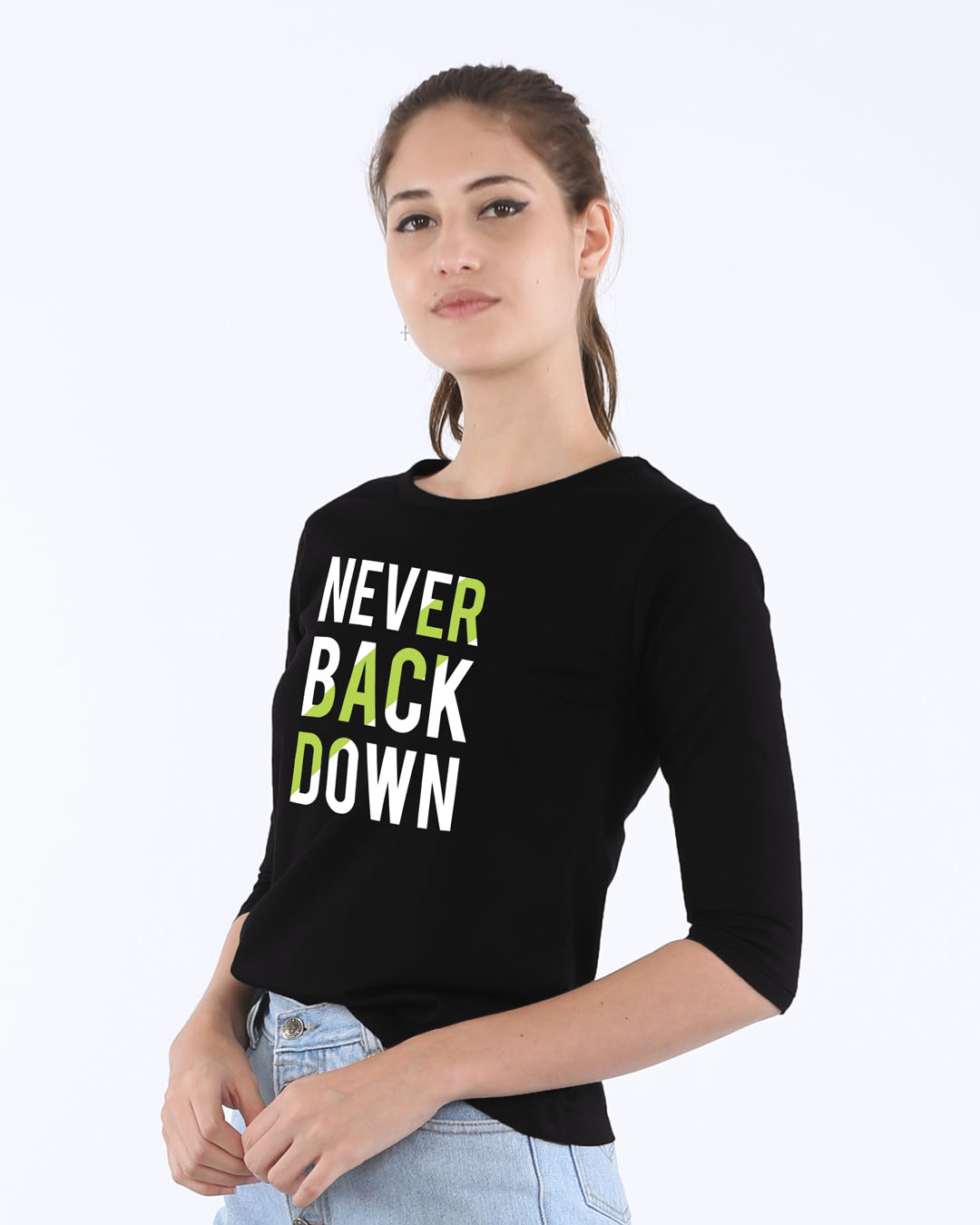 Shop Back Down Never Round Neck 3/4th Sleeve T-Shirt-Back