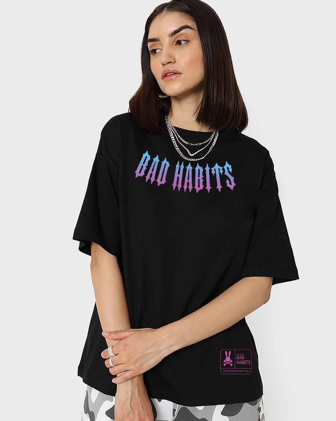 Shop Women's Black Bad Habits Typography Oversized T-shirt-Back