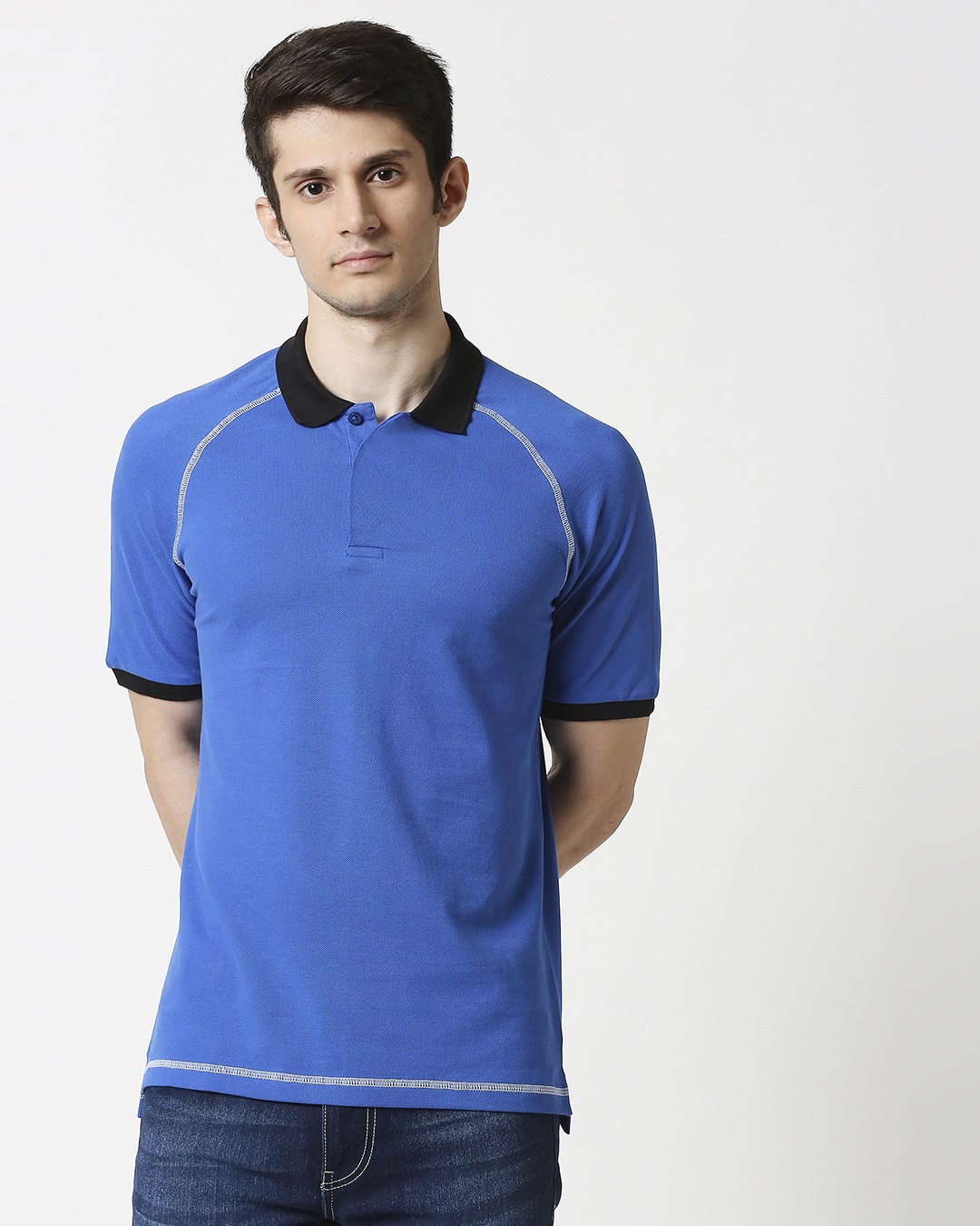 Buy Baleine Blue Half Sleeve Raglan Contrast Polo Online at Bewakoof