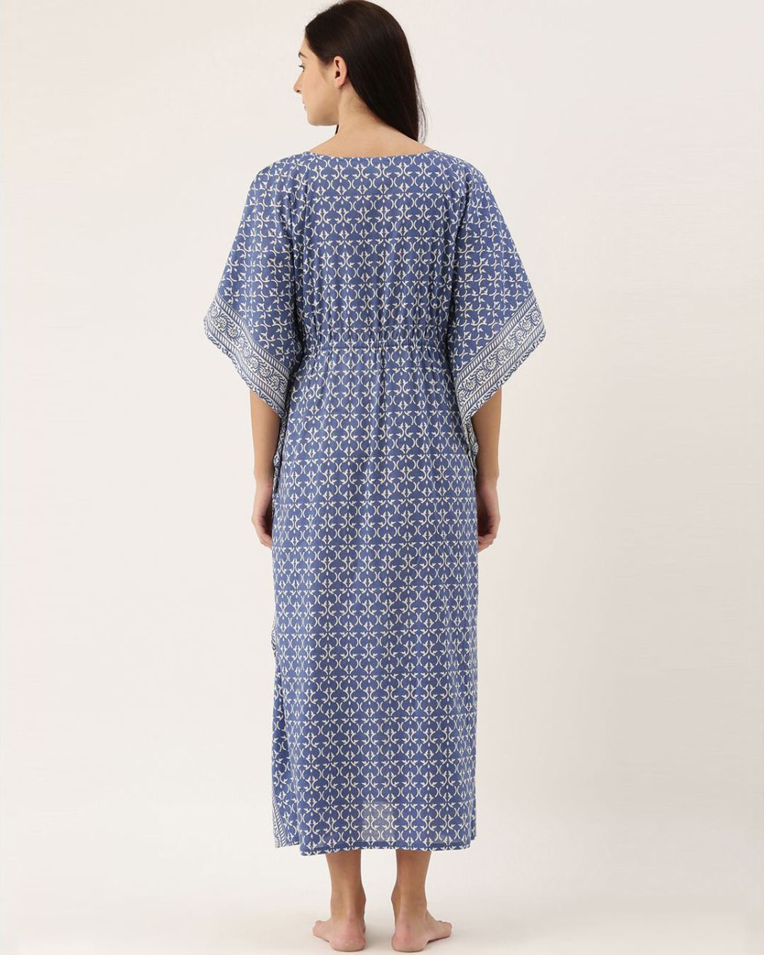 Shop Women Blue Printed Kaftan Night Dress-Back