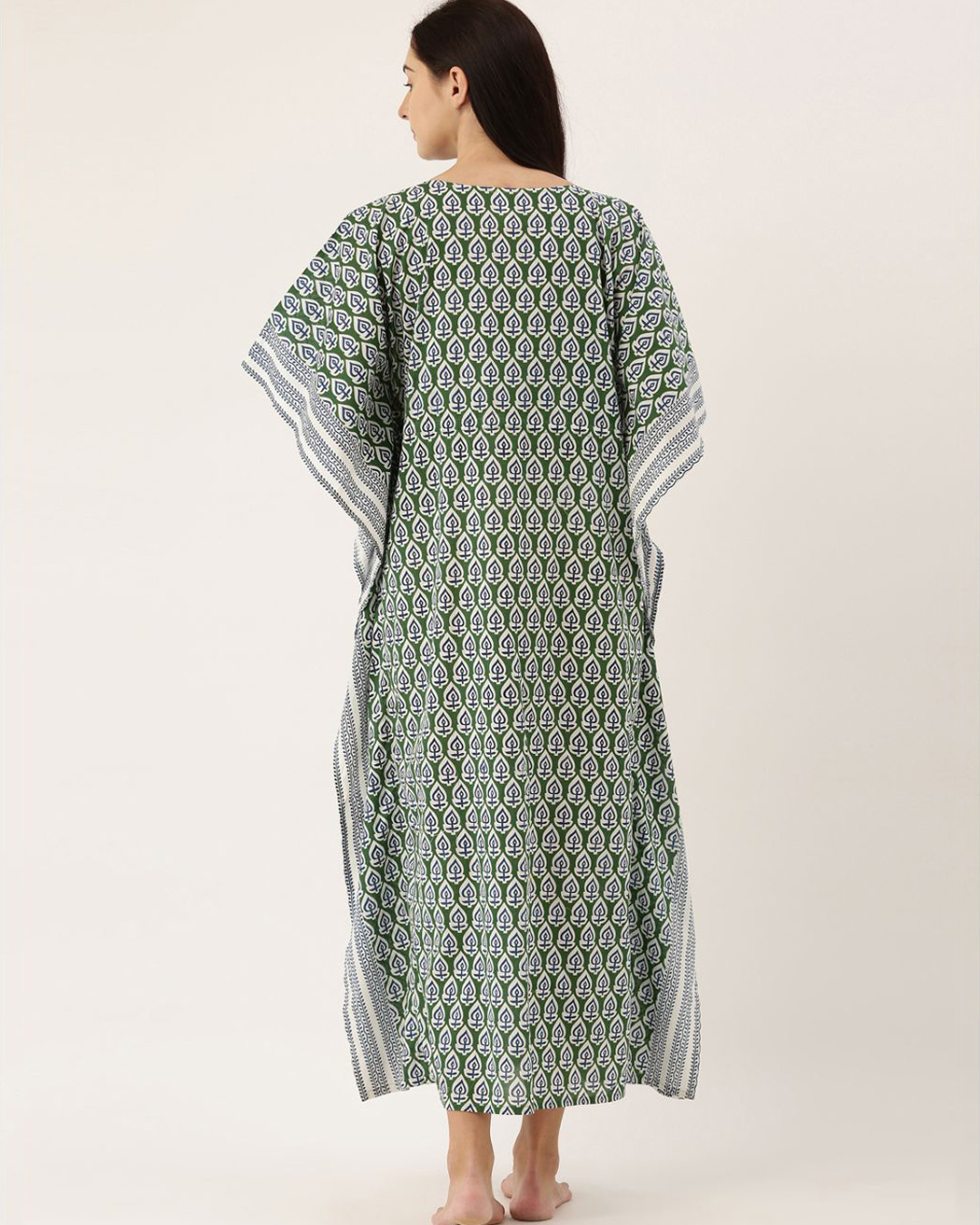 Shop Women Green & White Printed Kaftan Night Dress-Back