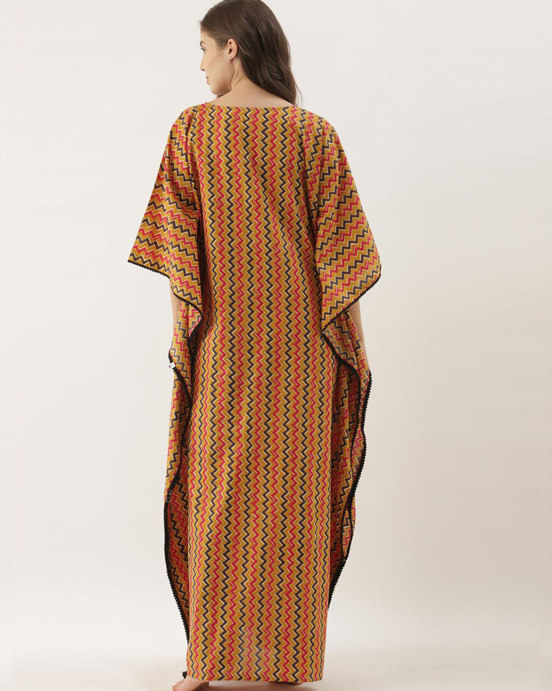 Shop Women Mustarad Printed Kaftan Night Dress-Back