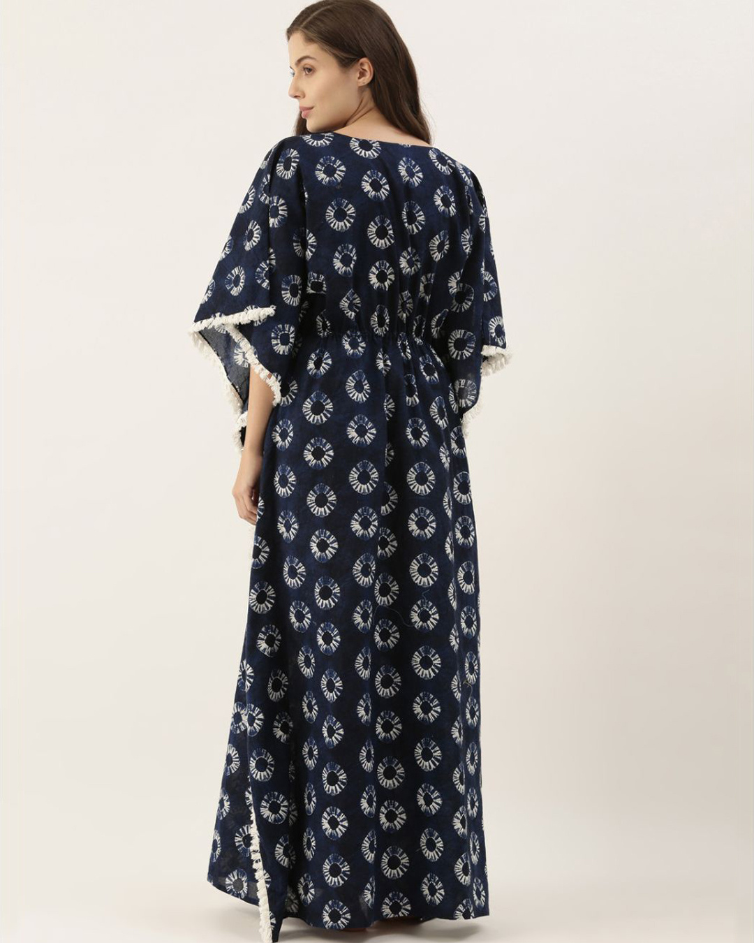 Shop Women Navy Blue & Offwhite Printed Kaftan Night Dress-Back