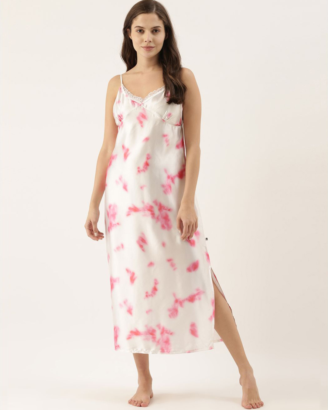 Buy Bannosswagger Women OffWhite & Pink Satin Printed Baby Doll Night