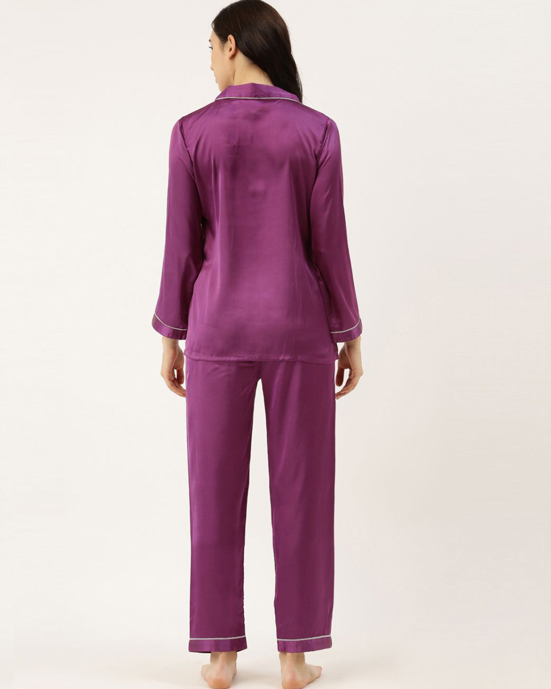 Shop Women Purple Solid Satin Night Suit-Back