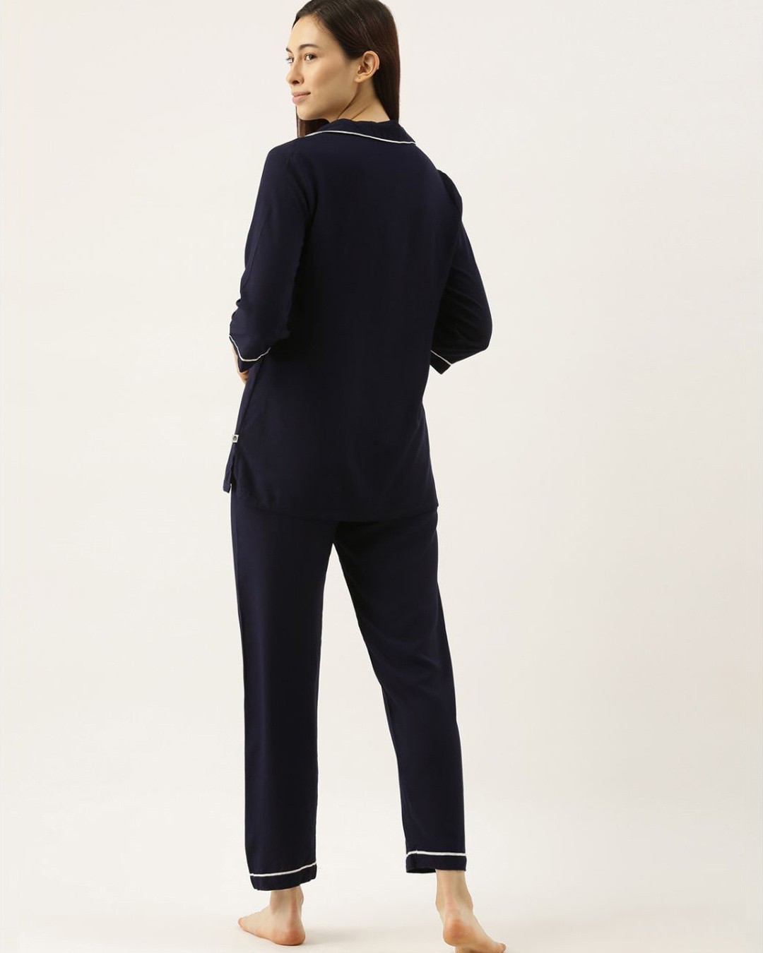 Shop Women Rayon Navy Blue Solid Night Suit-Back