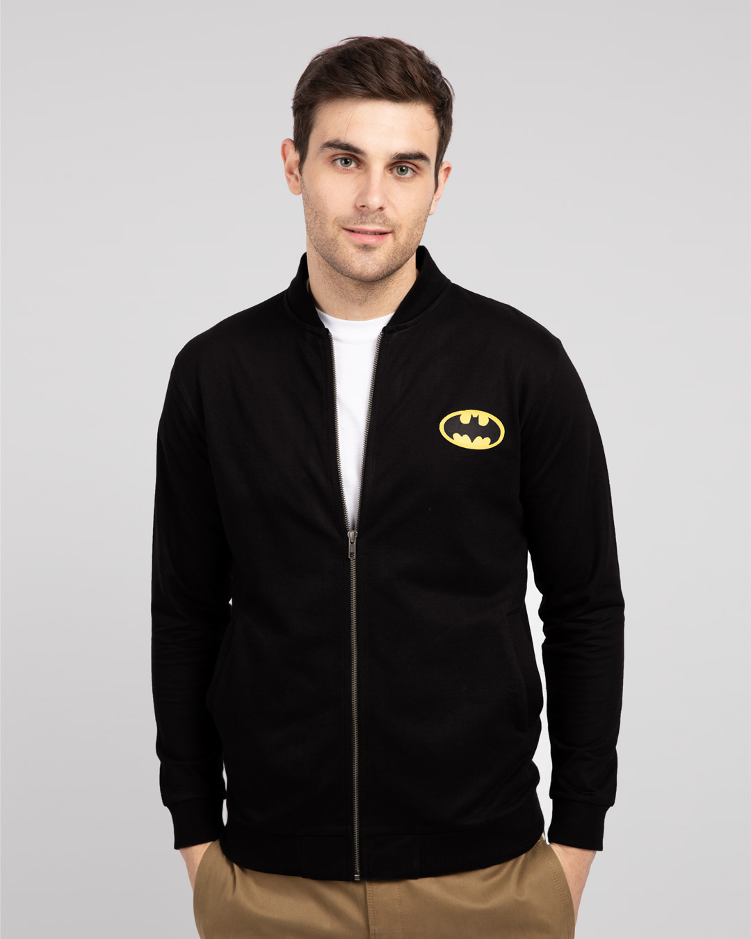Shop Batman Logo Badge Zipper Bomber Jacket-Back