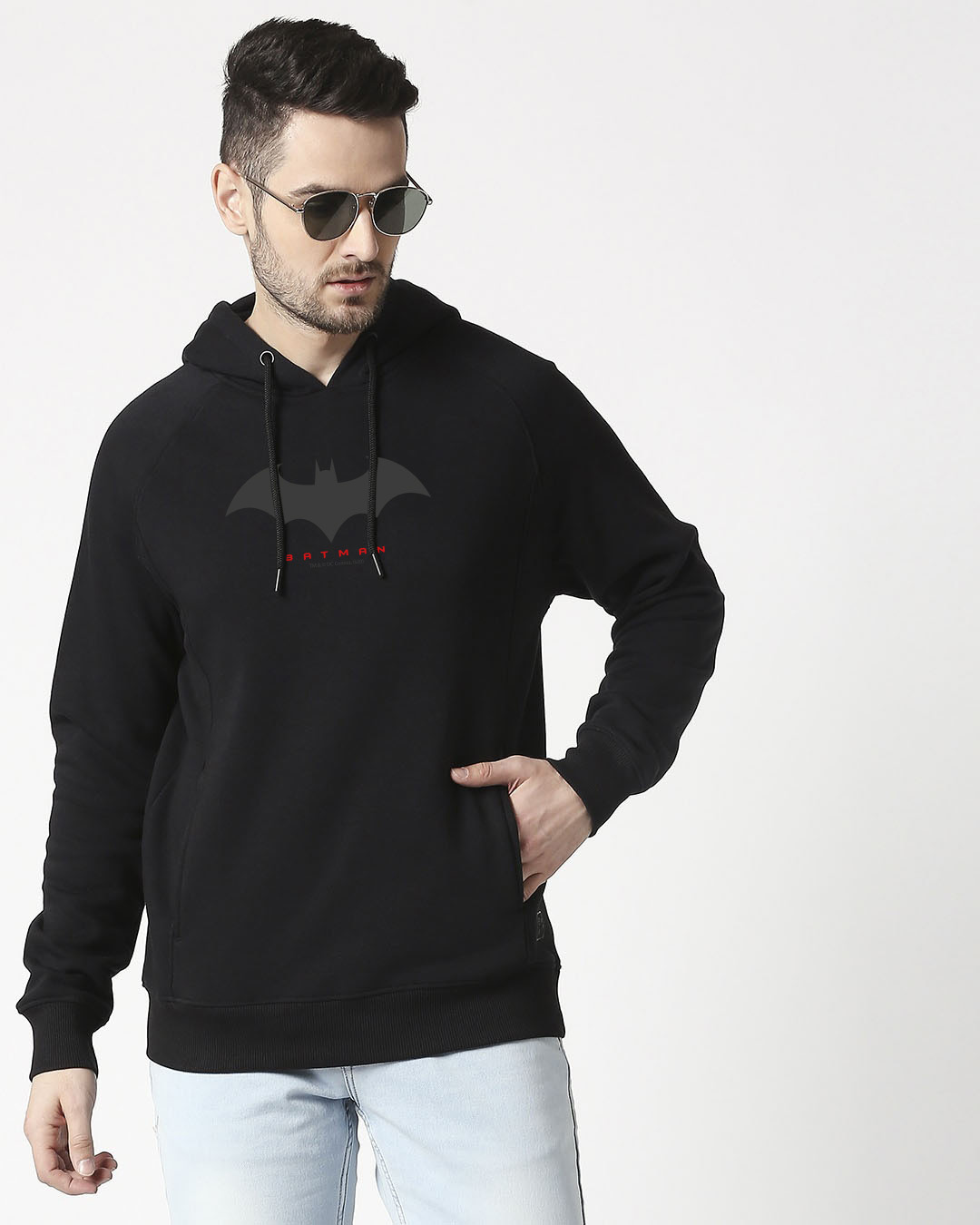 

Batman Outline Logo Stylised Panel Hoodie Sweatshirt Men' Printed Cut & Sew Sweatshirt Hoodie Bewakoof.com, Black