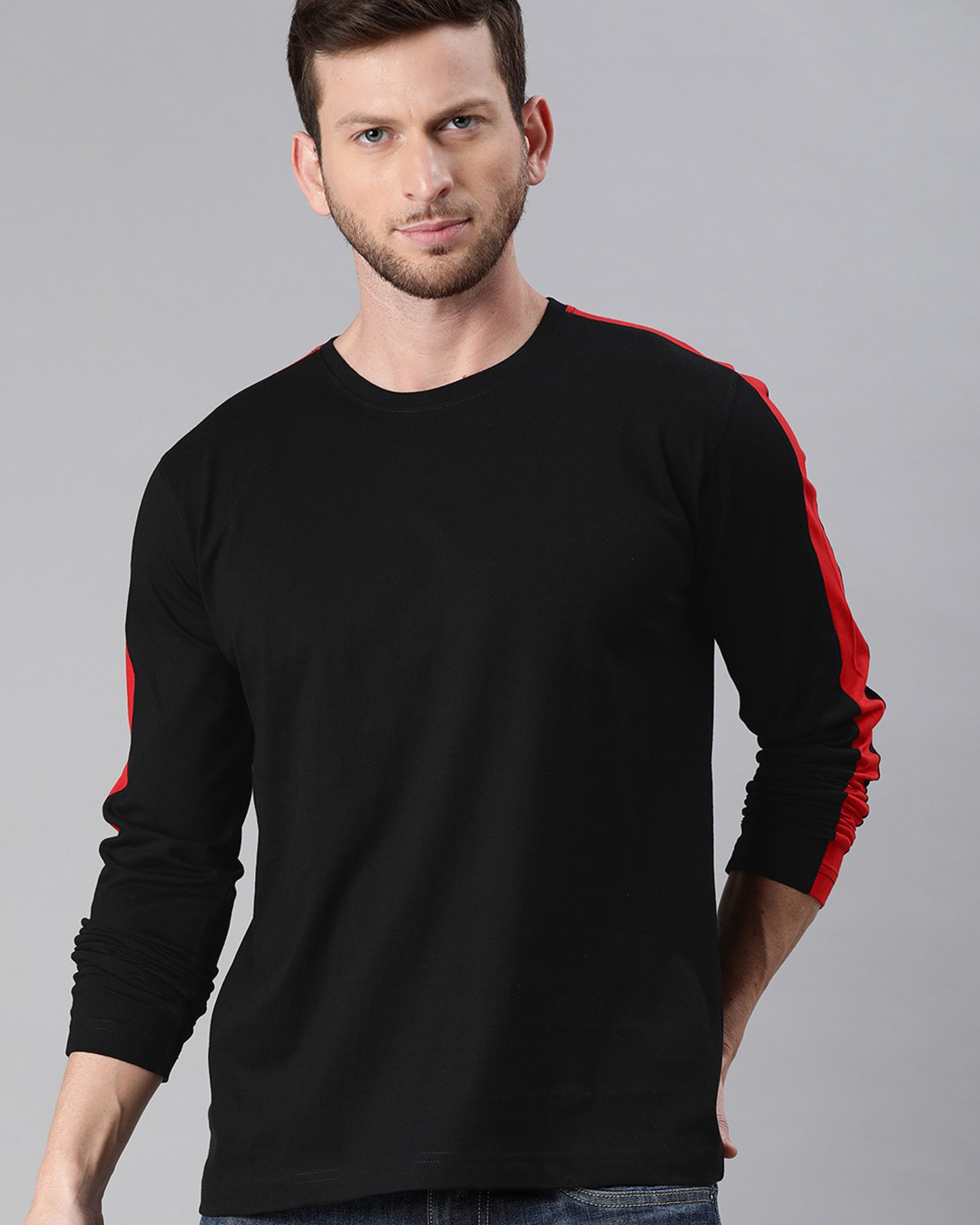 Black Full Sleeve T-shirt (Red Stripe 