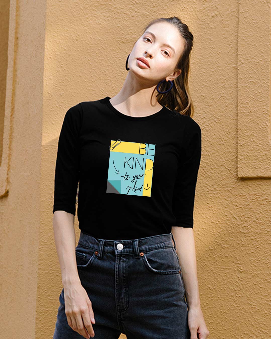 

Be Kind Colorblock Round Neck 3/4 Sleeve T-Shirts Black Women' Printed Round Neck 3/4 Sleeve T-Shirts Bewakoof.com