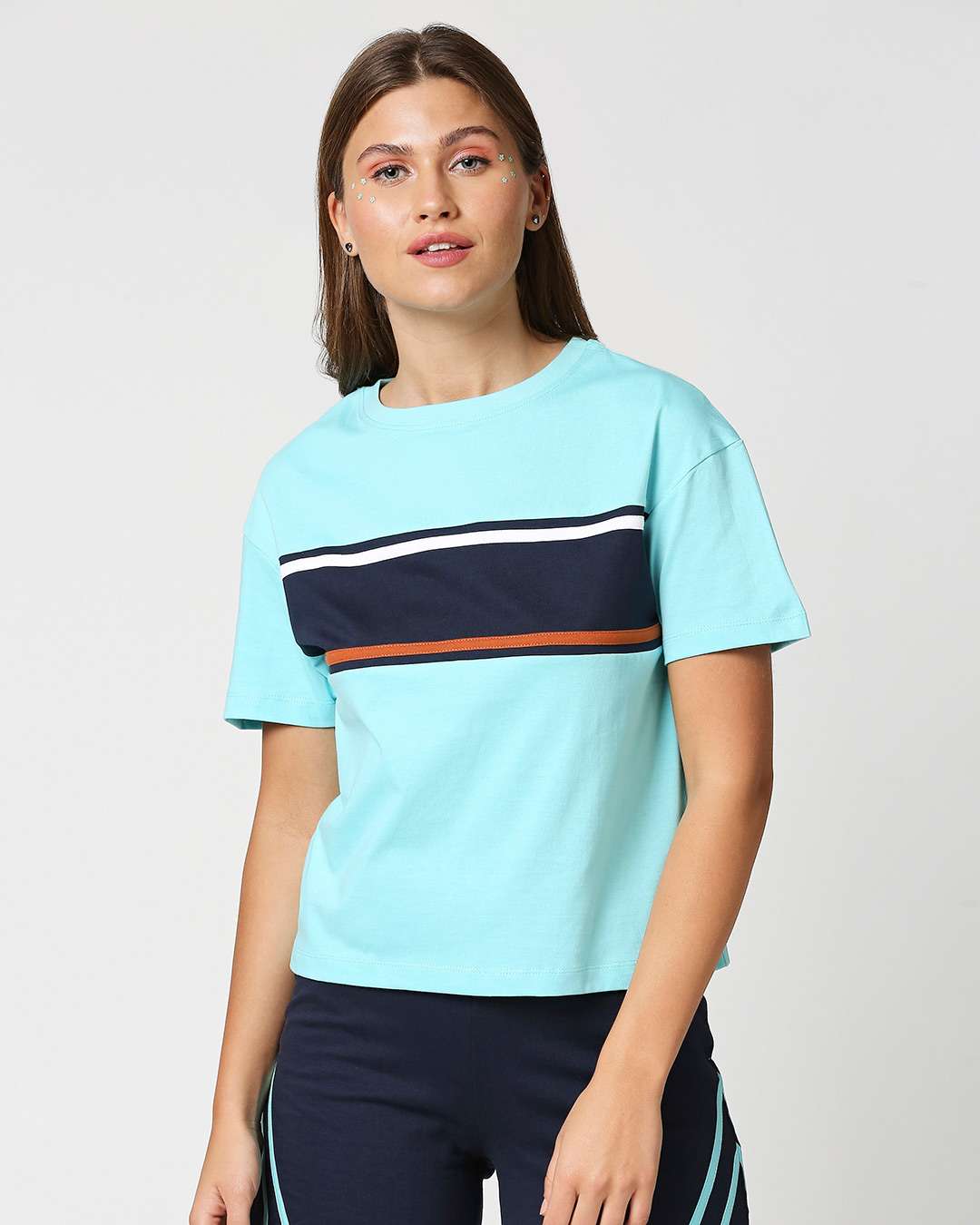 Shop Beach Blue Color Block Women's Short Top-Back