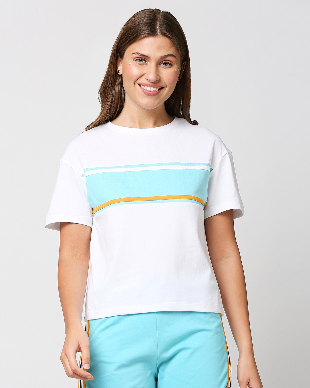 Shop Beach Blue Color Block Women's Short Top-Back