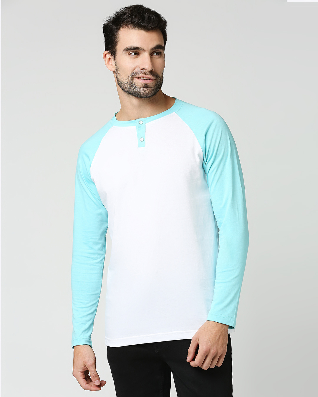 Shop Beach Blue Full Sleeve Henley Raglan T-Shirt-Back