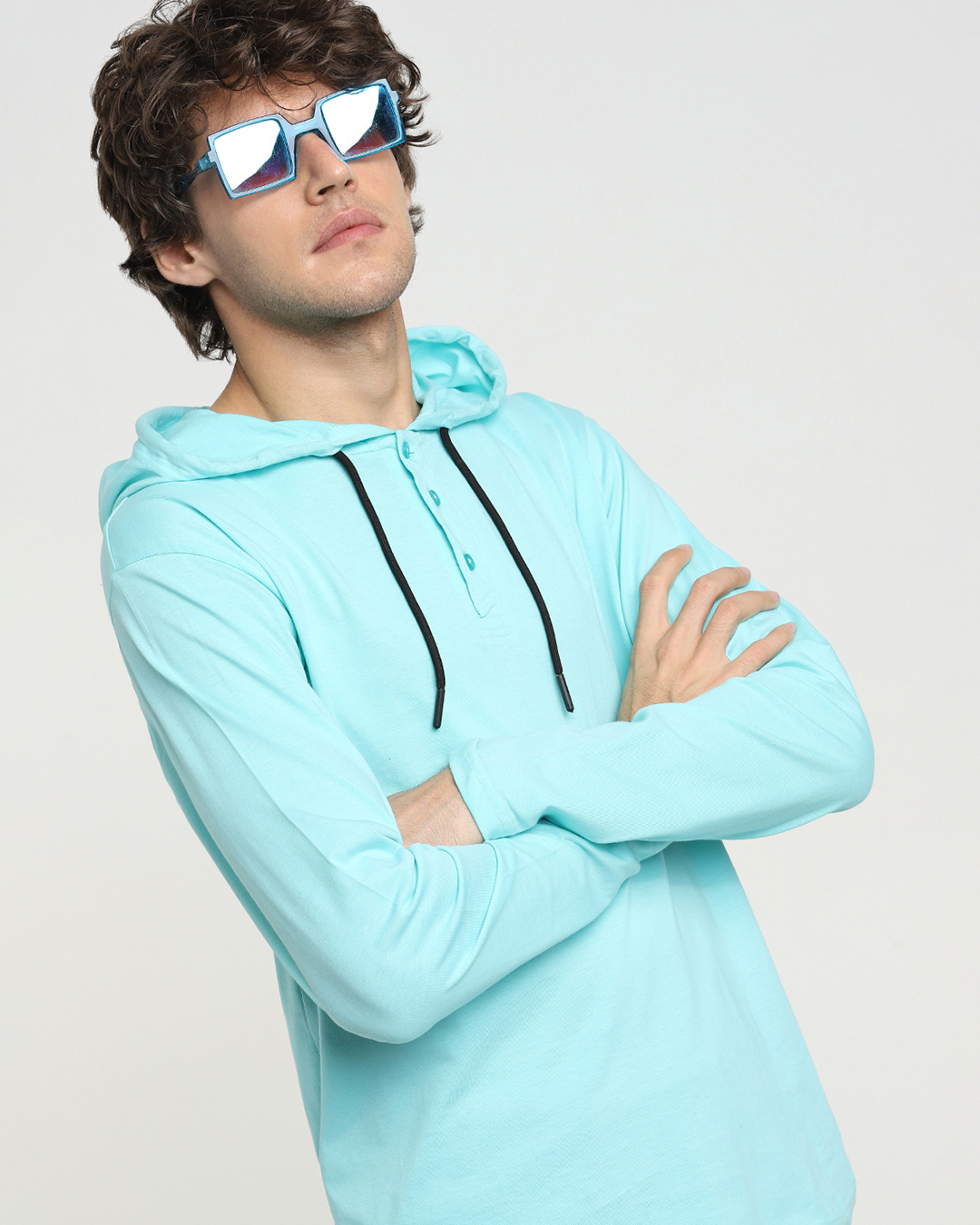 Buy Men's Beach Blue Henley Hoodie Tshirt Online at Bewakoof