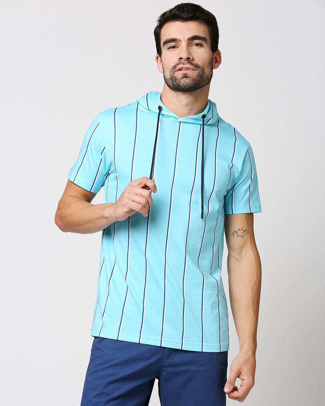 Shop Beach Blue Stripe Half Sleeve Hoodie T-Shirt-Back