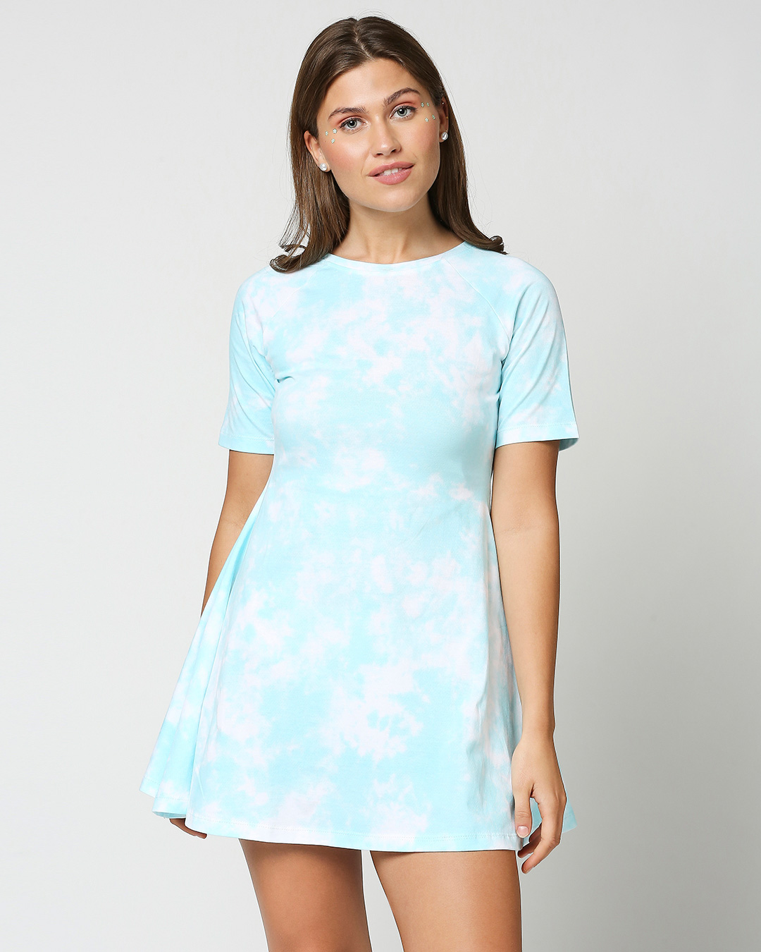 Shop Beach Blue Tie & Dye Print Flared Dress-Back