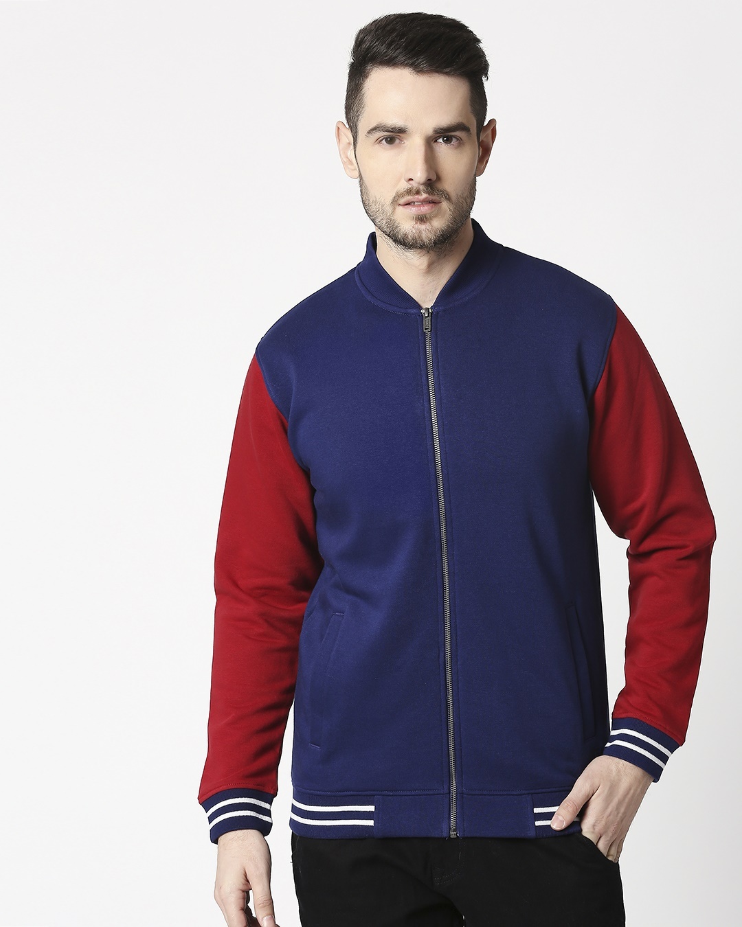 Shop Men's Blue & Red Color Block Varsity Bomber Jacket-Back