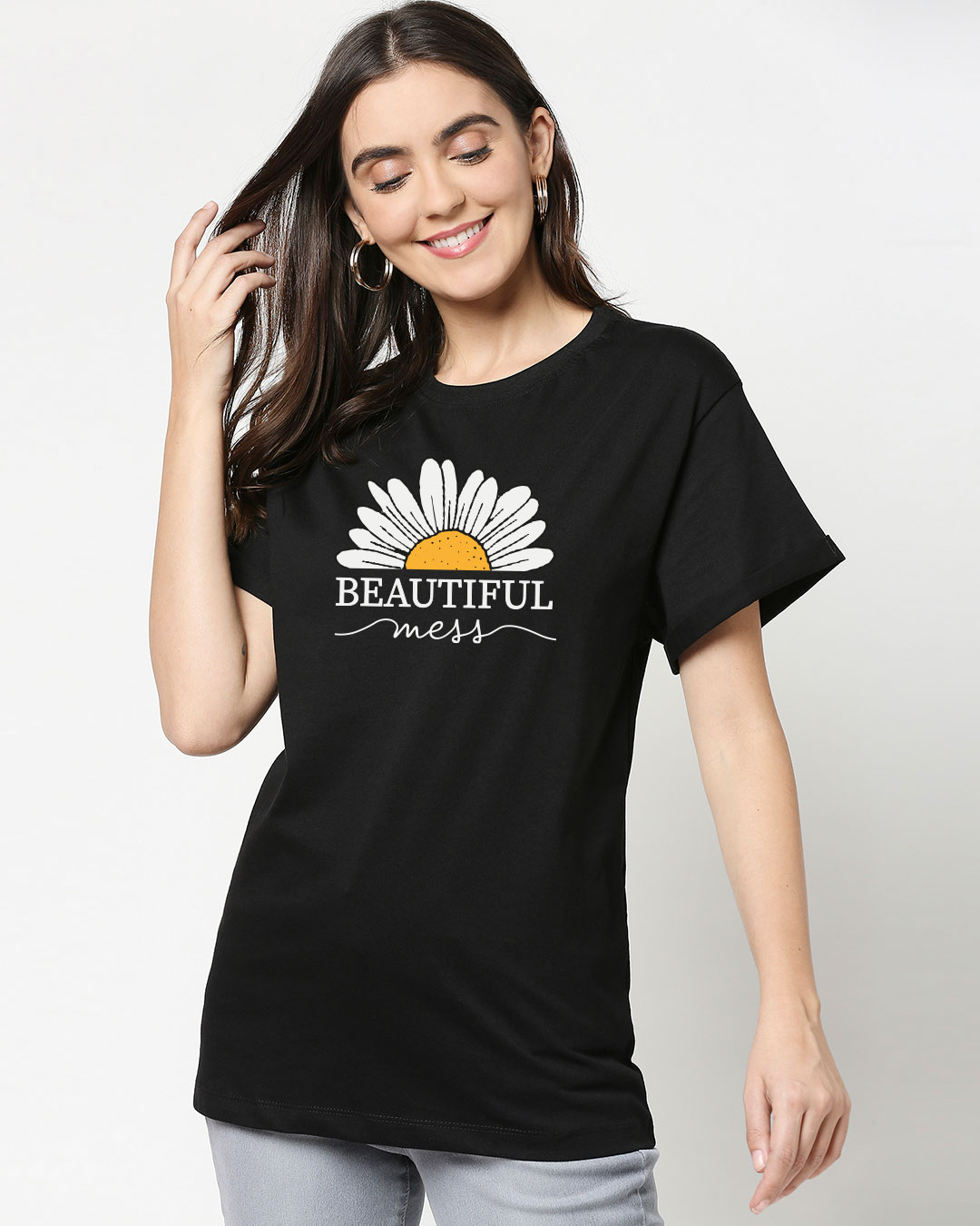 Shop Beautiful Mess Flower Boyfriend T-Shirt Black-Back