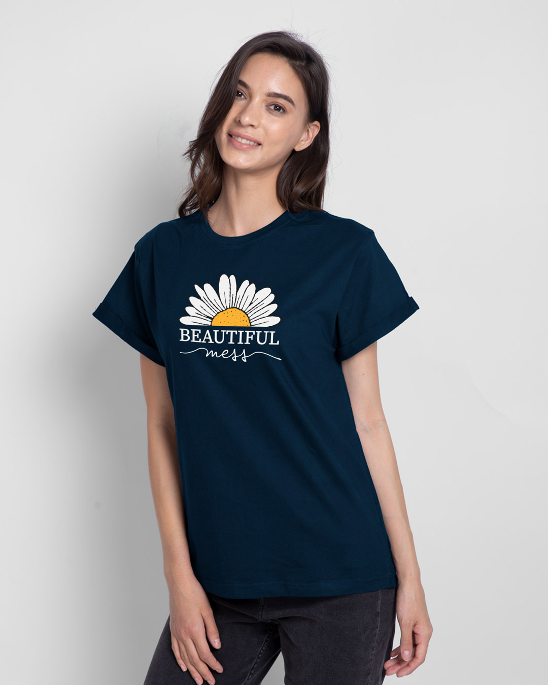 Shop Beautiful Mess Flower Boyfriend T-Shirt Navy Blue-Back