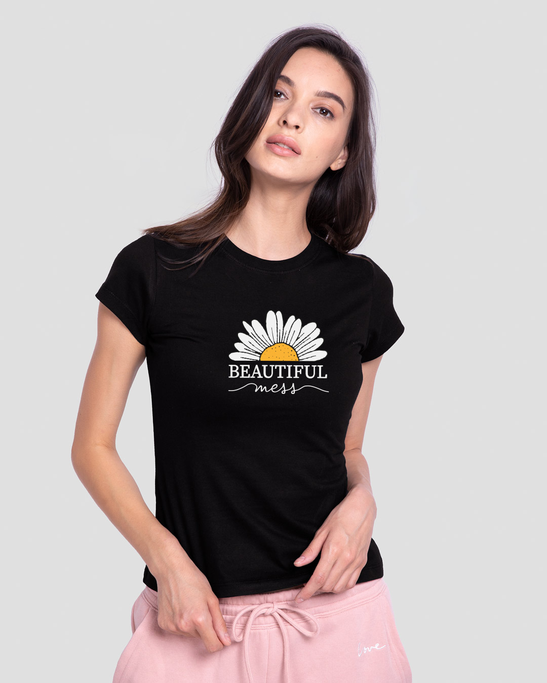 Shop Beautiful Mess Flower Half Sleeve Printed T-Shirt Black-Back