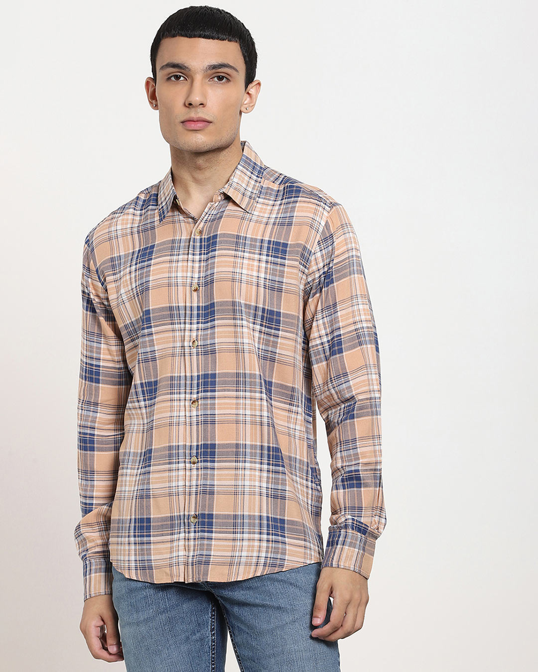 Shop Beige Checks Casual Full Sleeve Shirt-Front