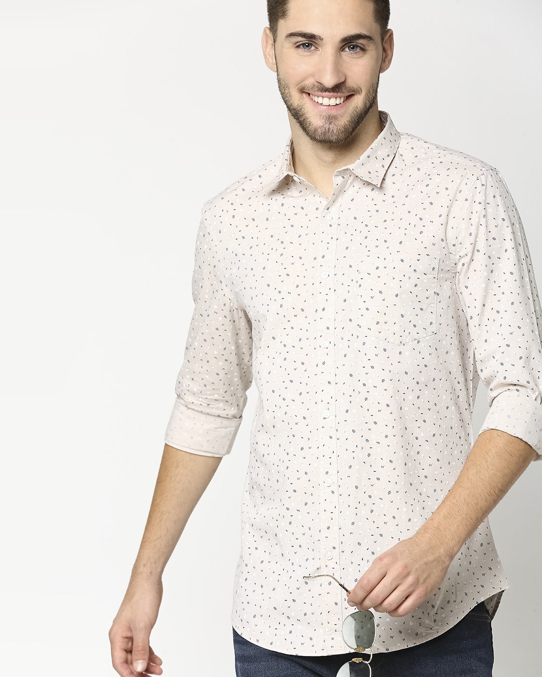 Shop Men's Beige Cotton Melange Slim Fit Shirt-Back