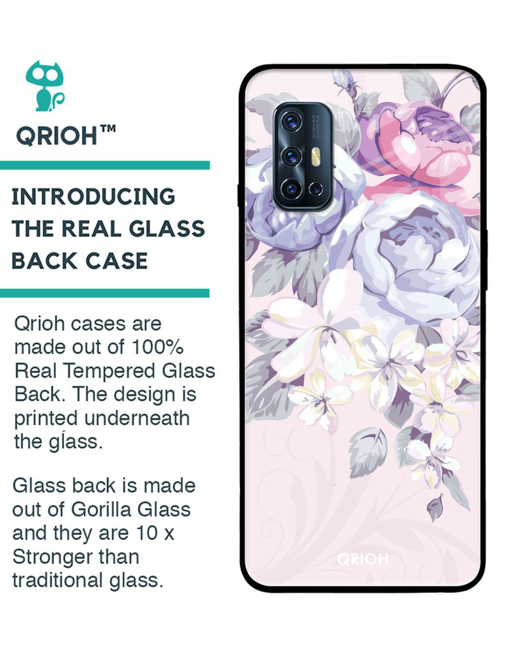 Shop Elegant Floral Printed Premium Glass Cover for Vivo V19 (Shock Proof, Lightweight)-Back