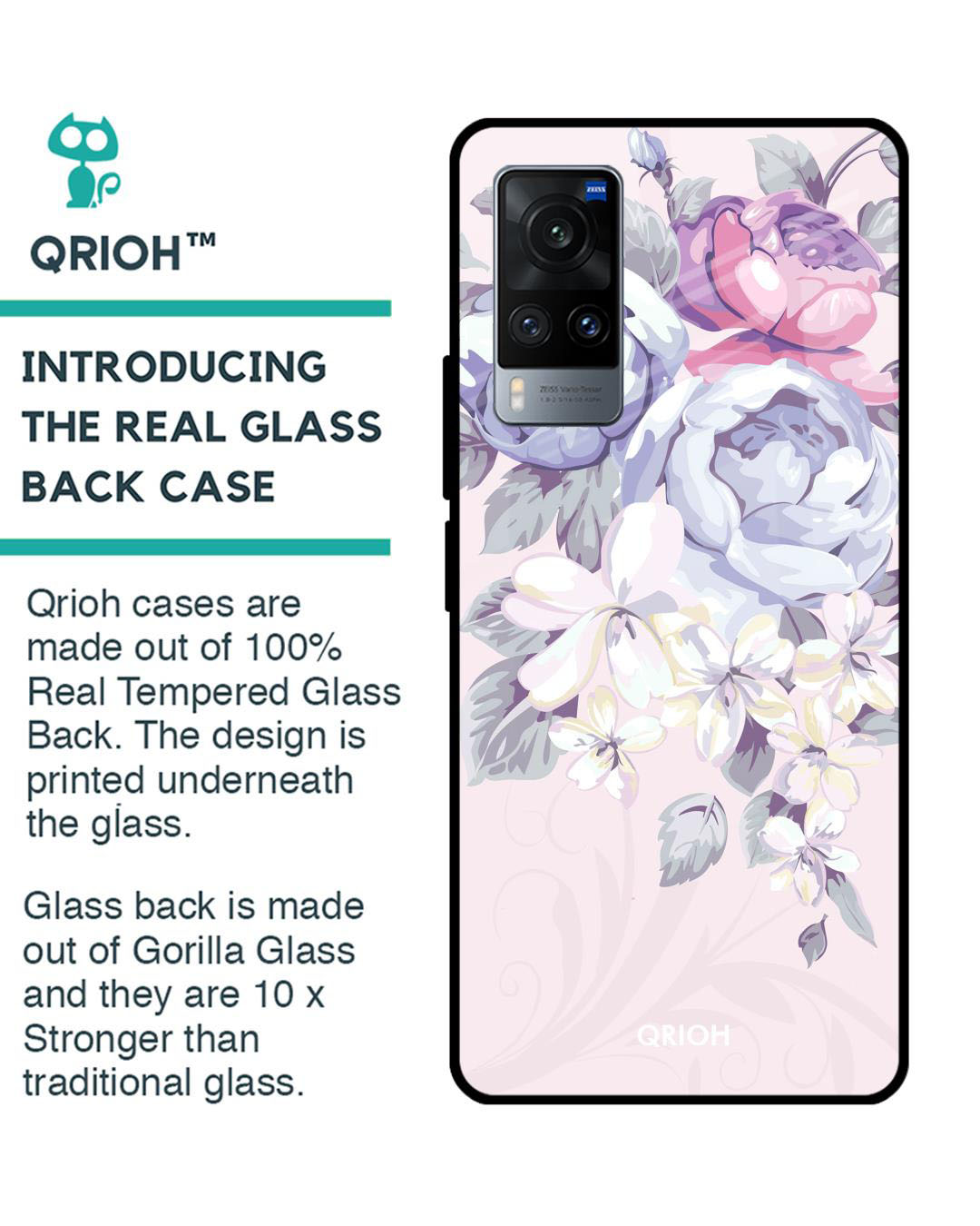 Shop Elegant Floral Printed Premium Glass Cover for Vivo X60 (Shock Proof, Lightweight)-Back