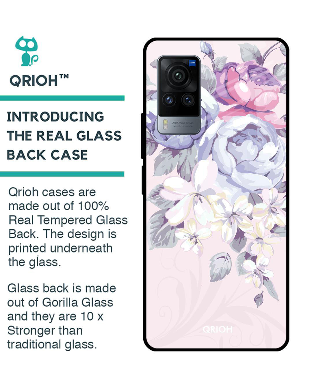 Shop Elegant Floral Printed Premium Glass Cover for Vivo X60 Pro (Shock Proof, Lightweight)-Back