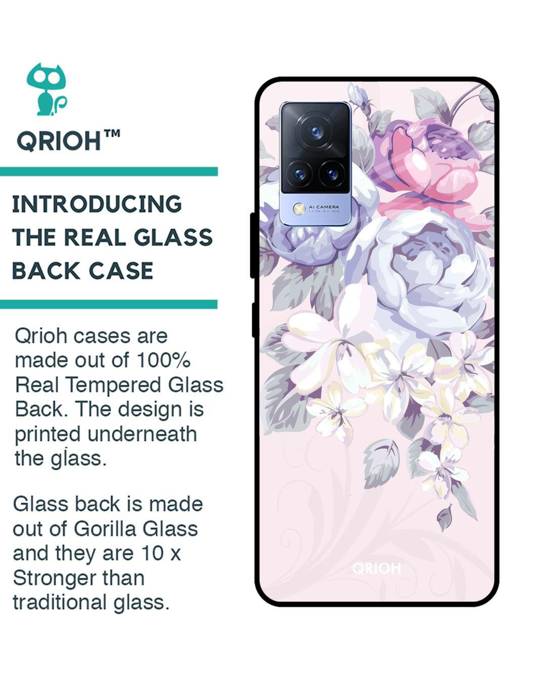 Shop Elegant Floral Printed Premium Glass Cover for Vivo V21 (Shock Proof, Lightweight)-Back