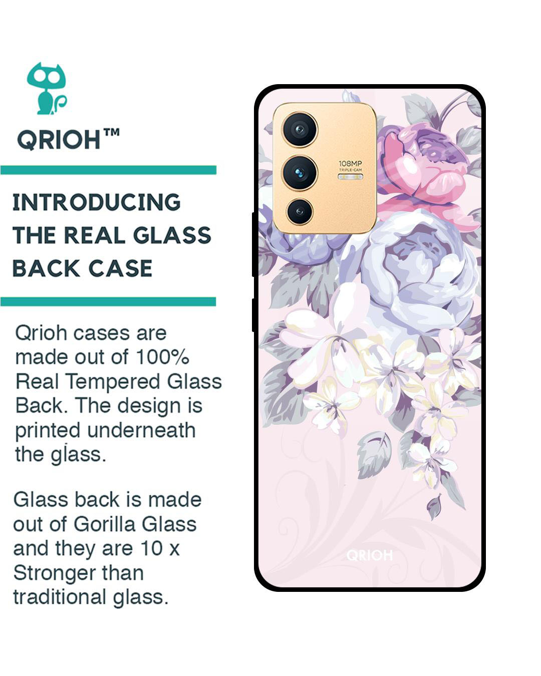 Shop Elegant Floral Printed Premium Glass Cover for Vivo V23 5G (Shock Proof, Lightweight)-Back