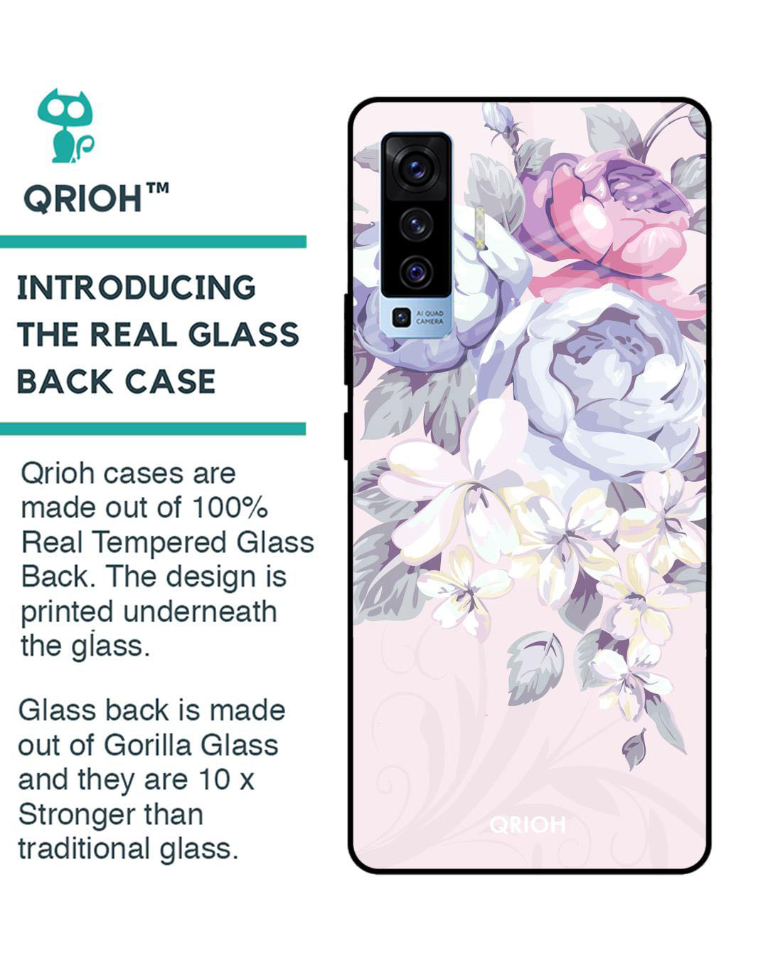 Shop Elegant Floral Printed Premium Glass Cover for Vivo X50 (Shock Proof, Lightweight)-Back