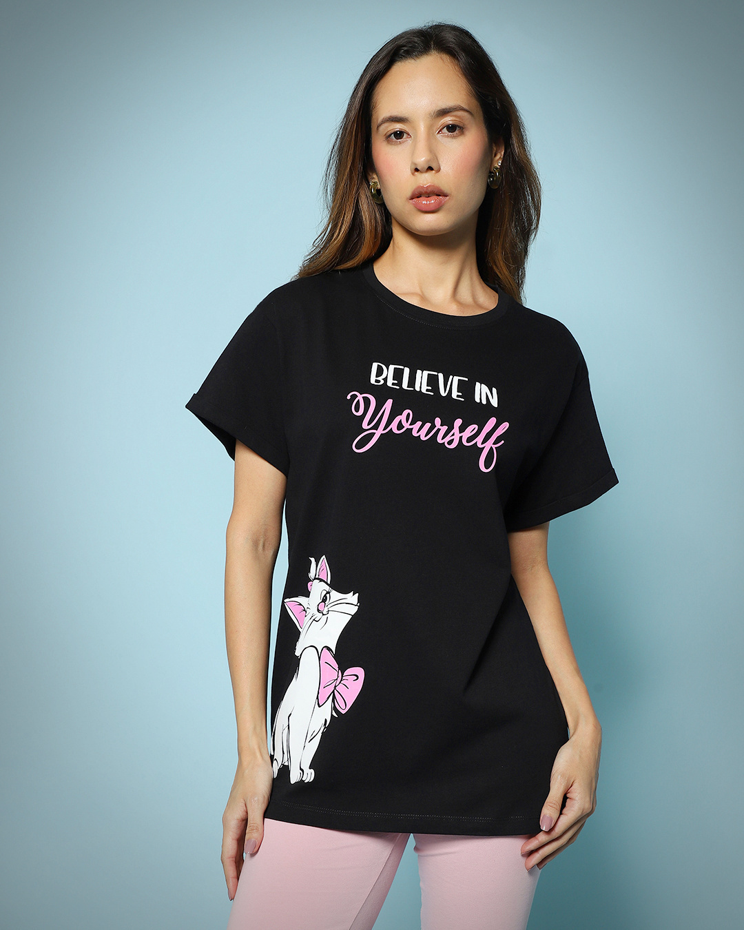 Shop Women's Black Believe Cat Graphic Printed Boyfriend T-shirt-Back