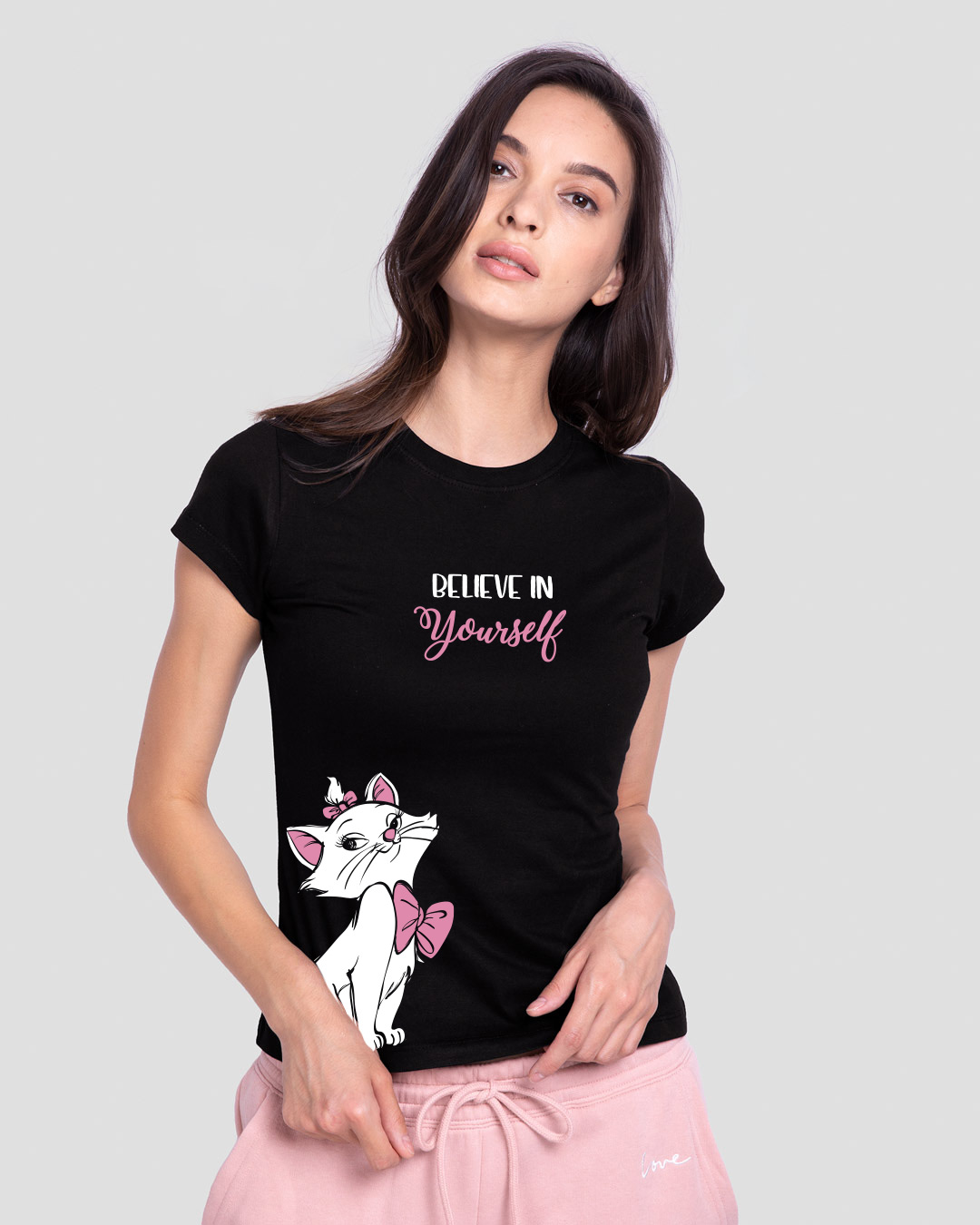 Shop Women's Black Believe Cat Graphic Printed Slim Fit T-shirt-Back