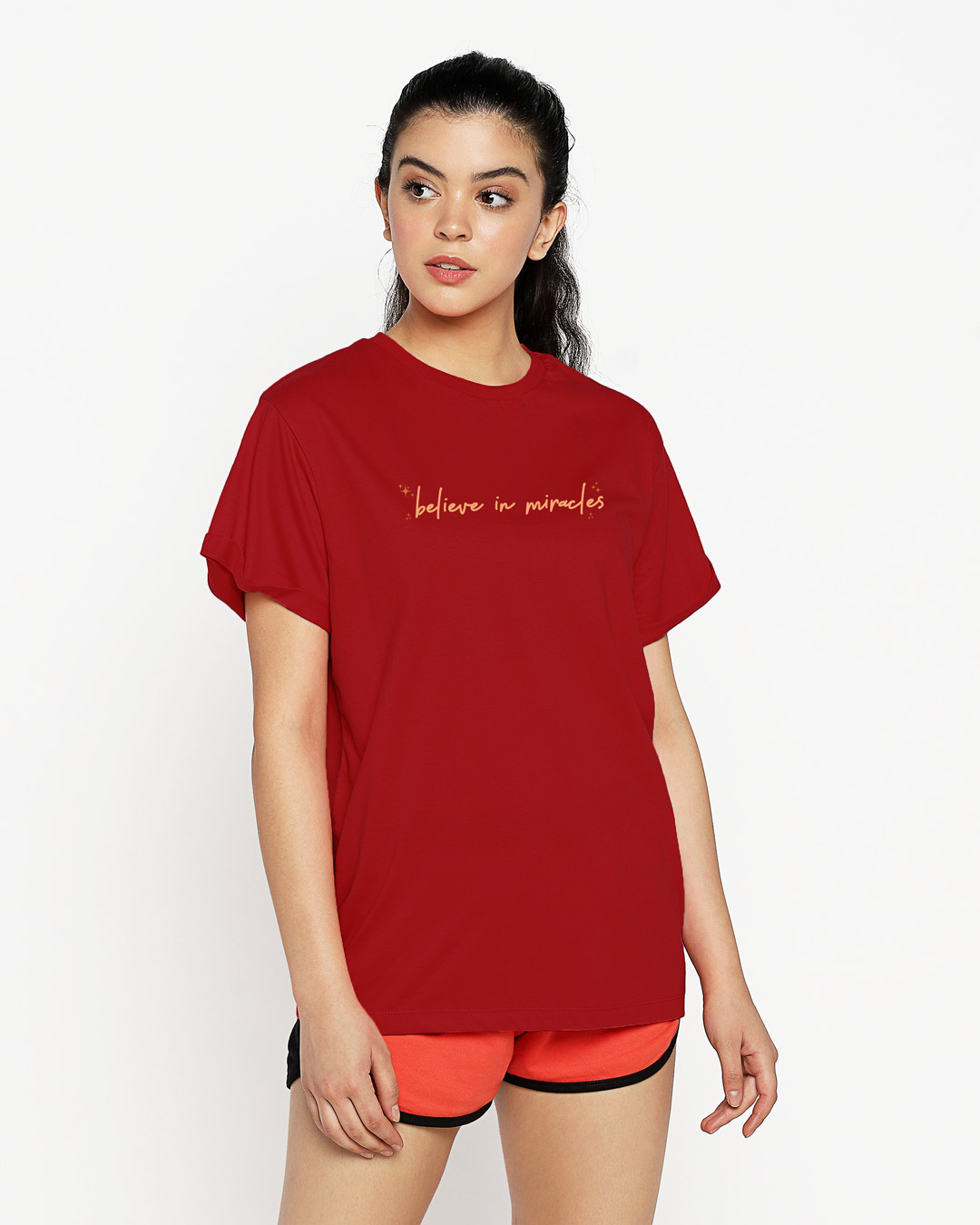 Shop Believe In Miracles Boyfriend T-Shirt Bold Red-Back