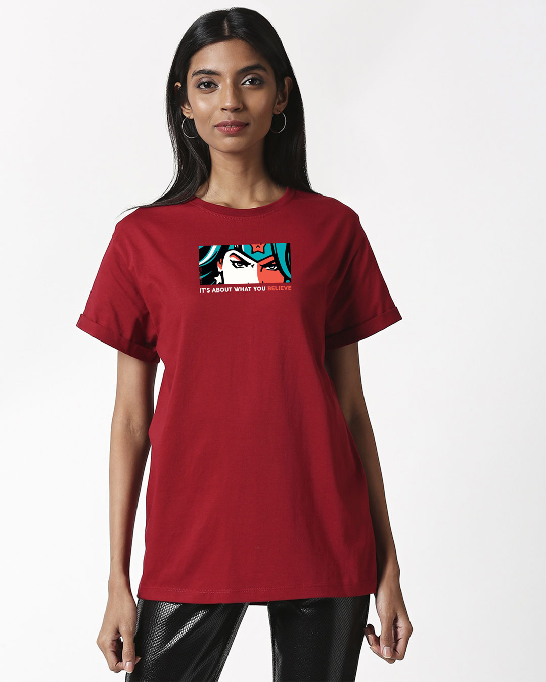Shop Believe in wonder woman Boyfriend T-Shirt Cherry Red (DCL)-Back