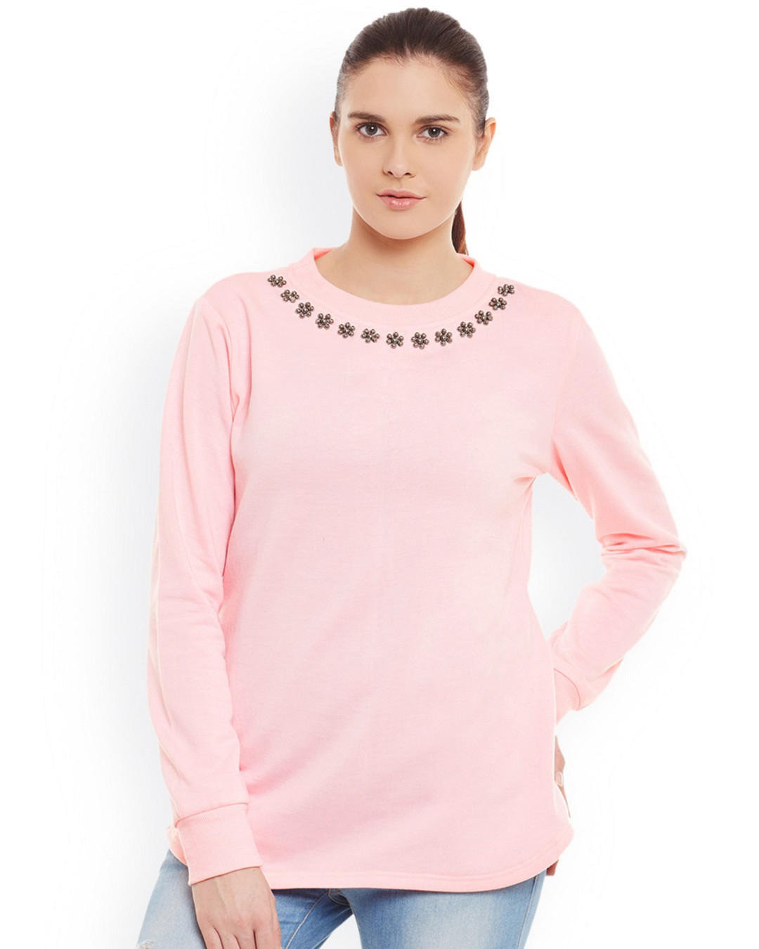 Buy Belle Fille Women's Pink Embellished Regular Fit Sweatshirt Online ...