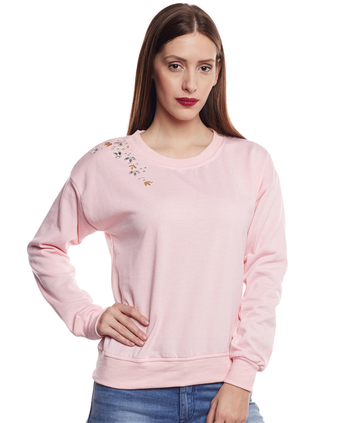 Buy Belle Fille Women S Pink Embellished Regular Fit Sweatshirt Online At Bewakoof