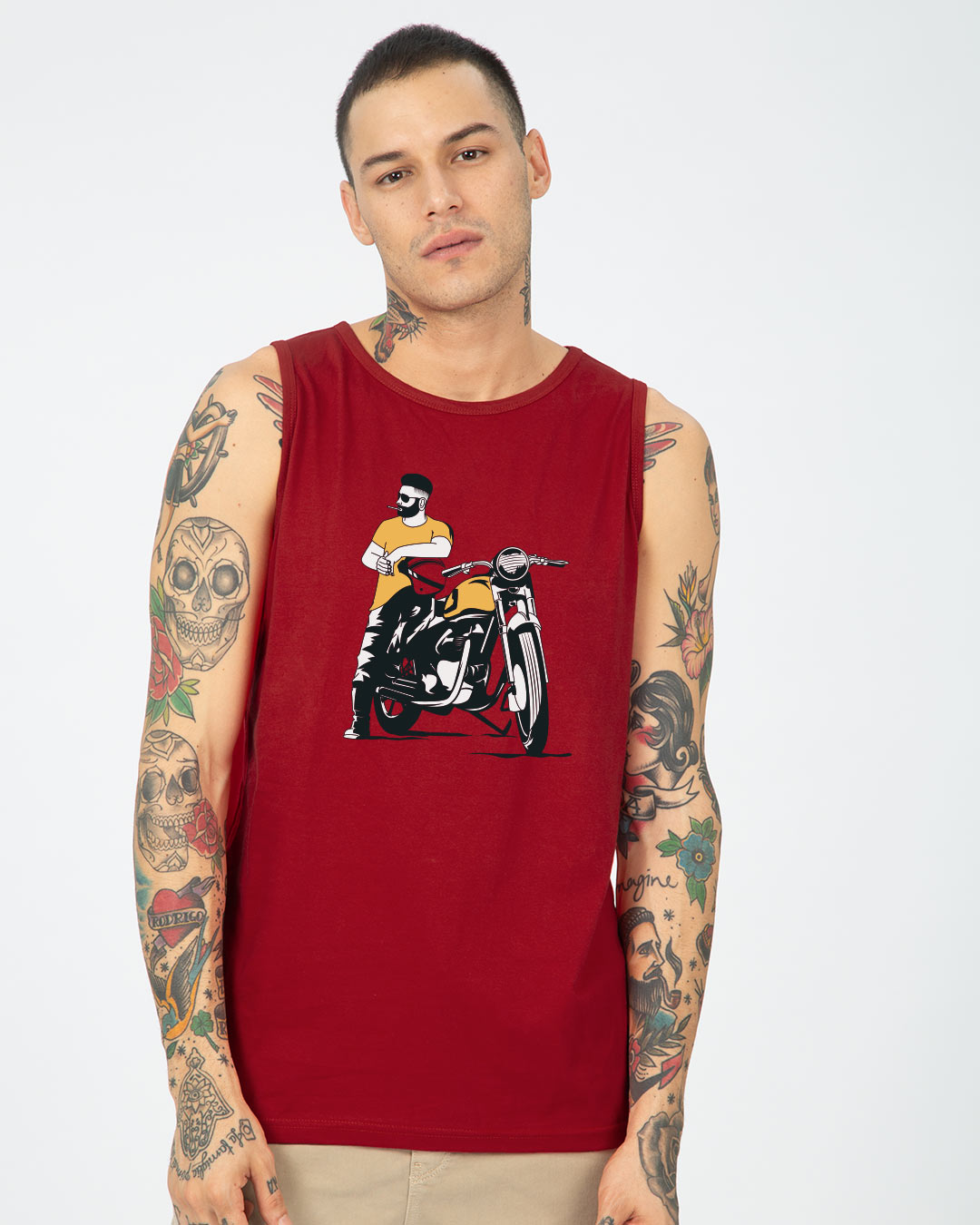 

Biker Bro Vest Men' Printed Round Neck Vest Bewakoof.com, Red