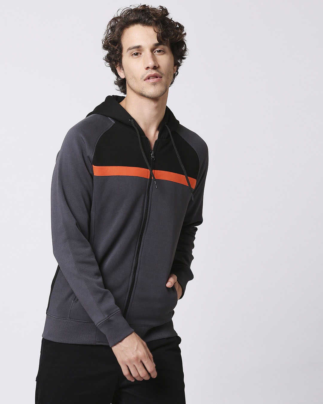 

Iron Gate - Black Chest Stripe Zipper Hoodie Men' Plain Tape Color Block Zipper Sweatshirt Hoodie Bewakoof.com, Black-grey-orange