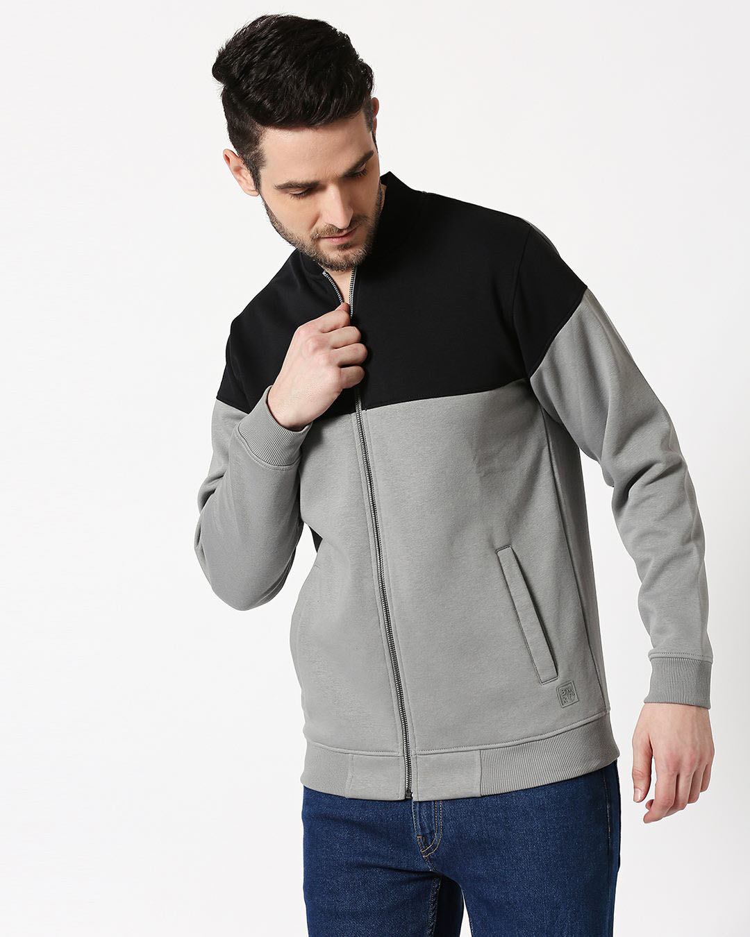 

Black - Neutral Grey Panel Zipper Bomber Jacket Men' Plain Panel Bomber Jacket Bewakoof.com, Black-grey