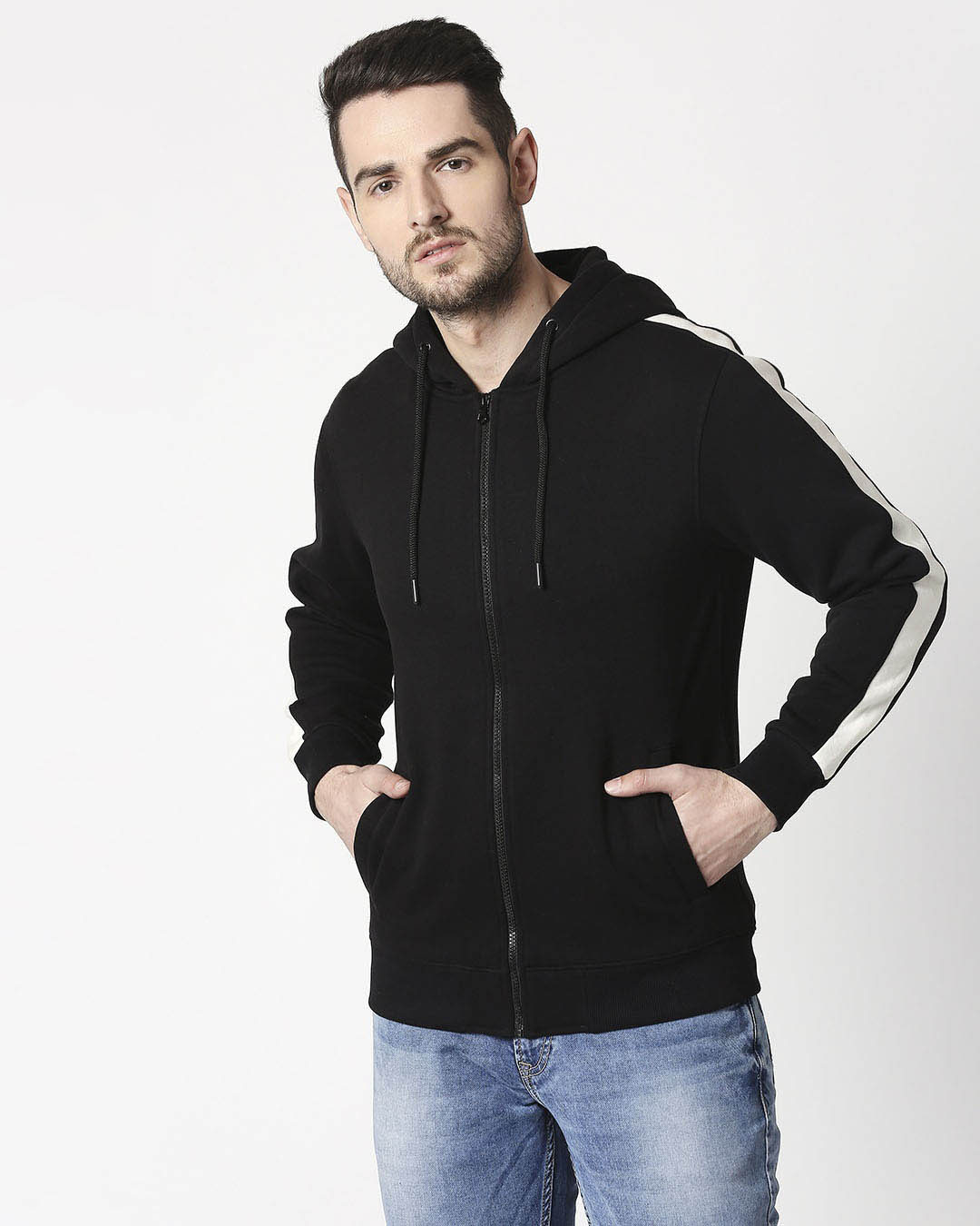 

Black - White Sleeve Panel Zipper Hoodie Men' Plain Side Panel Zipper Sweatshirt Hoodie Bewakoof.com