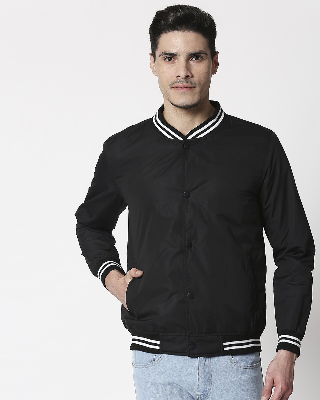 Shop Men's Black Varsity Bomber Jacket-Back